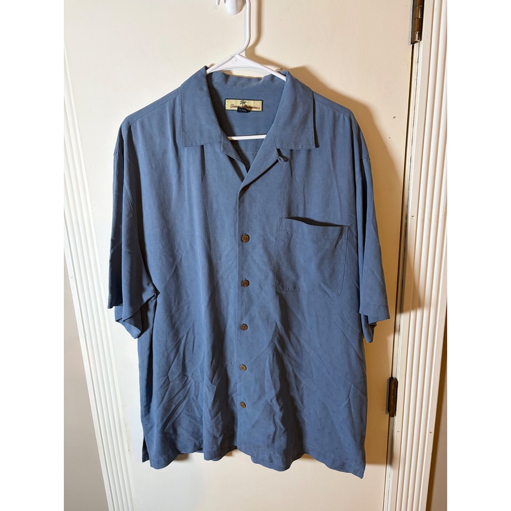 Tommy Bahama Mens Blue 100% Silk Short Sleeve Jacquard Camp Shirt Medium